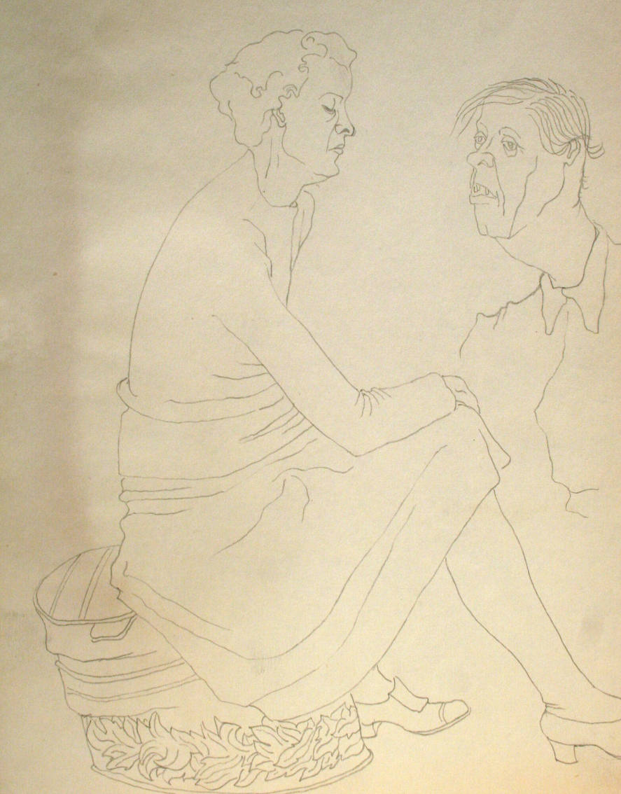 Woman seated on hassock and man's head and shoulders