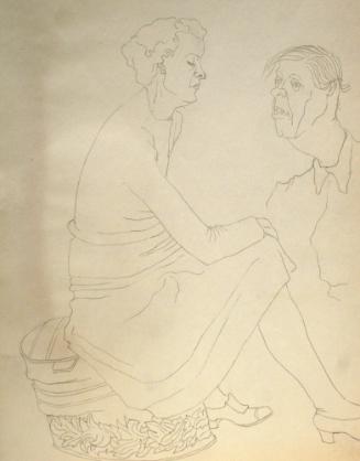 Woman seated on hassock and man's head and shoulders