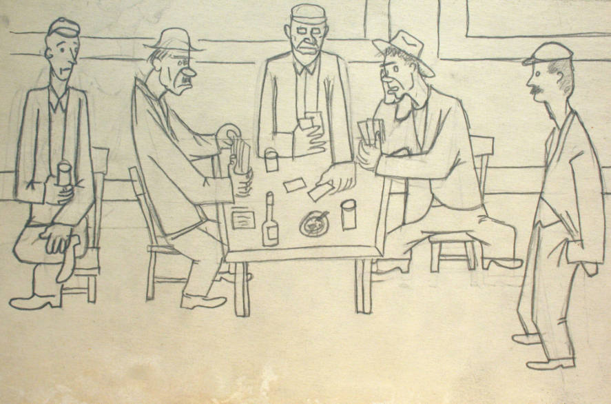 Three Seated Card Players, Two Onlookers