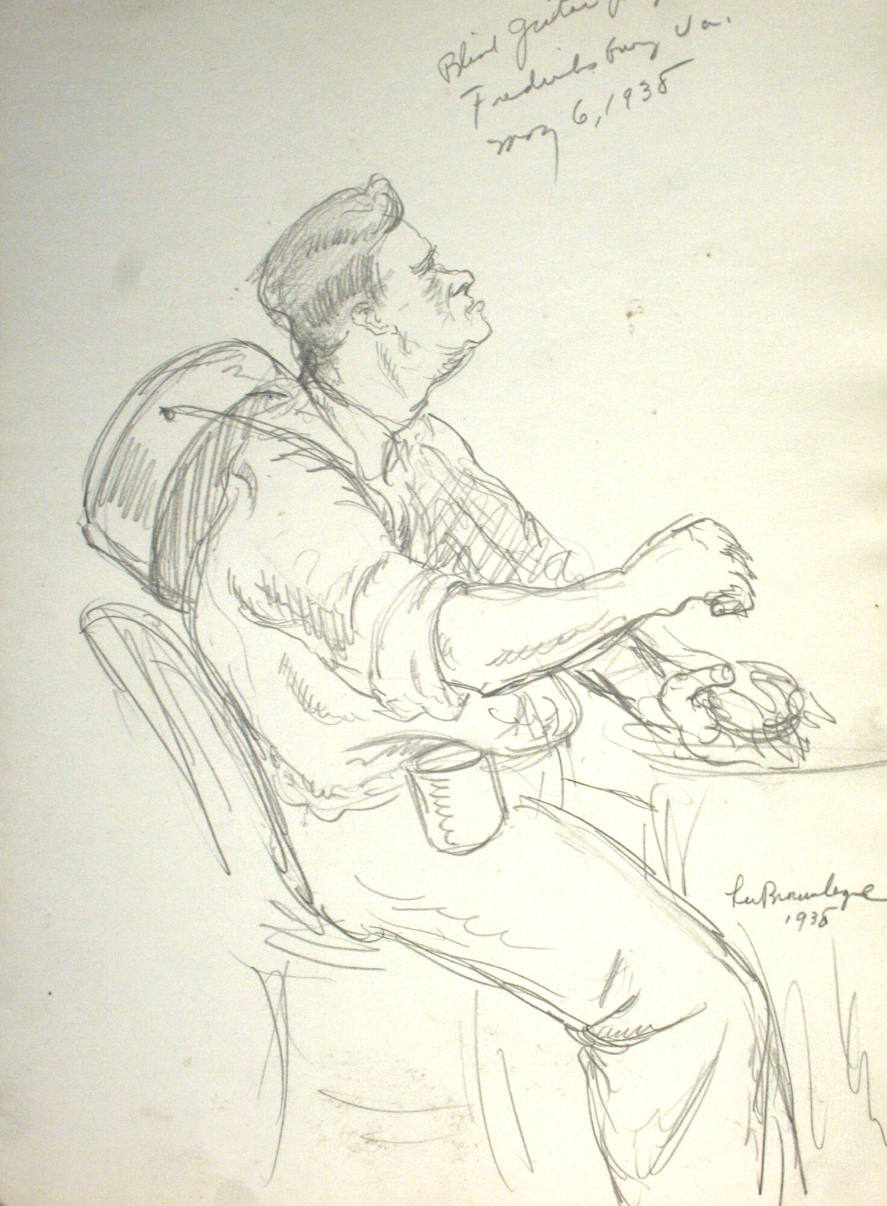 Seated Man with Guitar Slung on Back