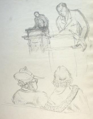 Two Men at Lecturns, Two Women Seated