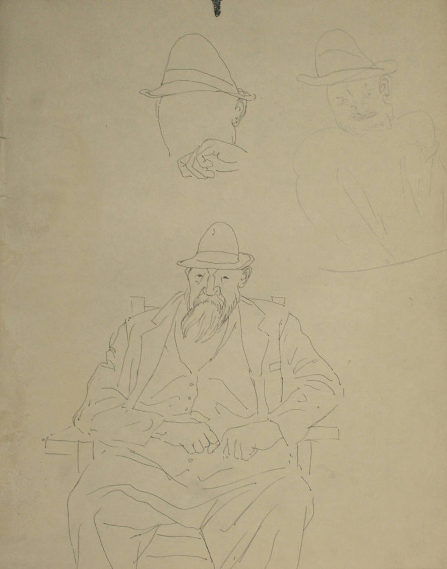 Bearded Man with Hat in Chair, Part of a Head; Man with Hat