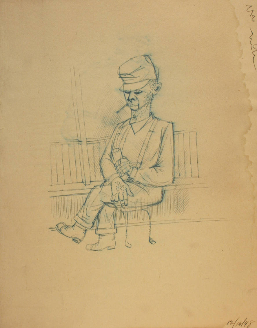 Man in Peaked Hat with Suspenders and Drink, Sitting