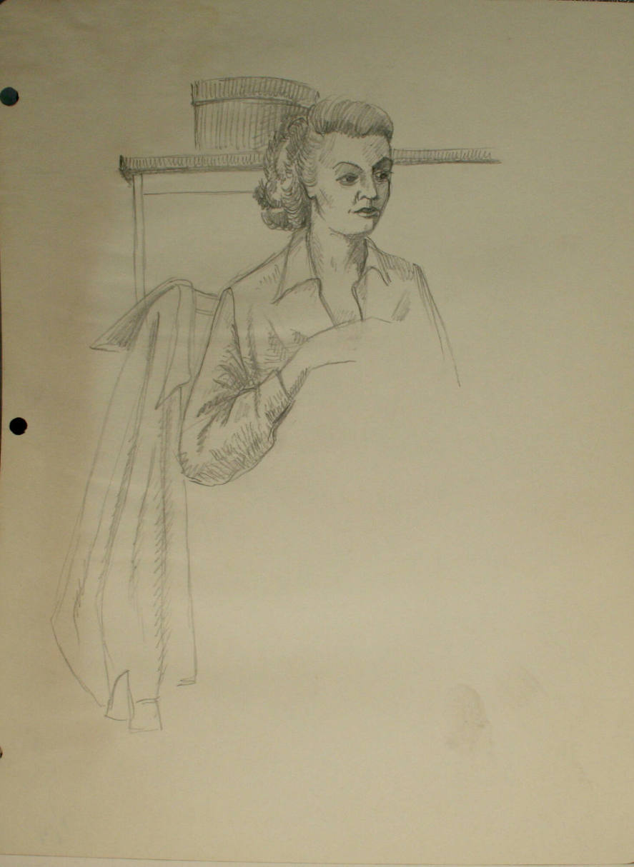 Woman seated with coat on chair