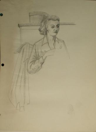 Woman seated with coat on chair