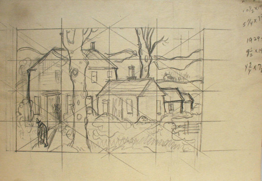 House, buildings, man in front with transfer lines and dimensions