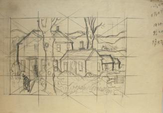 House, buildings, man in front with transfer lines and dimensions