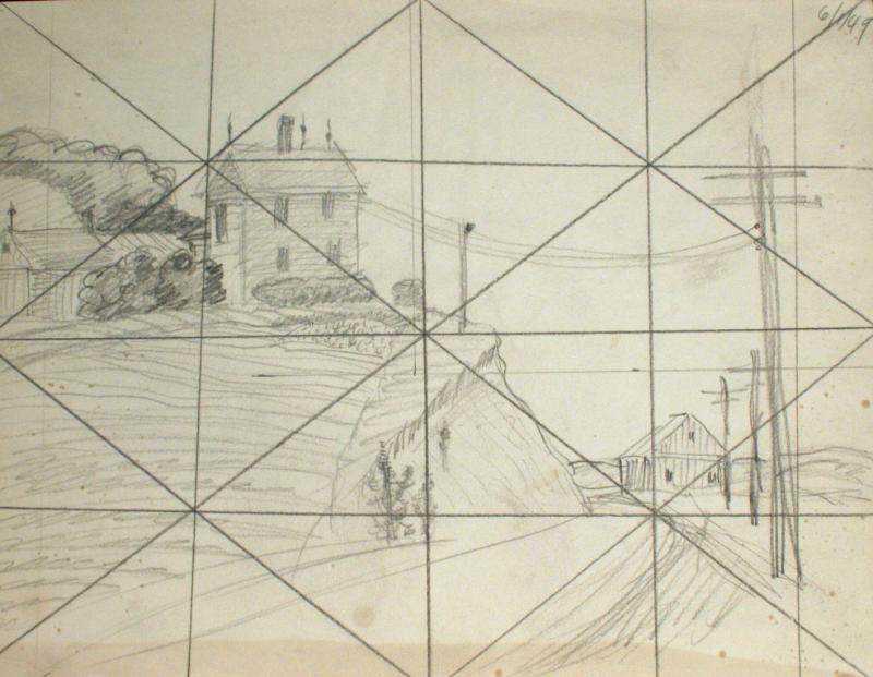 House on a rise, building, telephone poles with transfer lines – Works ...