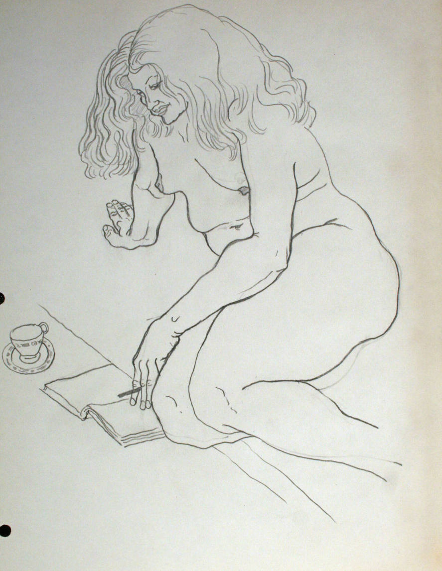 Nude woman sitting down with book, cigarette and cup