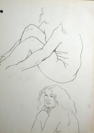 2 nude women sitting down, 1 without head