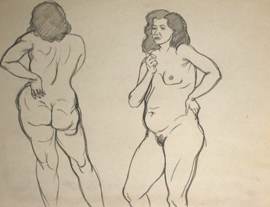 2 nude women standing, 1 from the rear