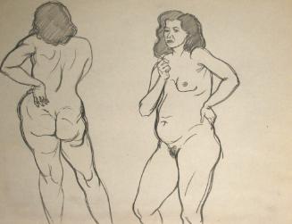 2 nude women standing, 1 from the rear