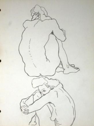 2 nude woman sitting down, 1 from the rear