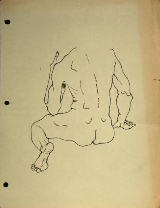 Nude woman sitting down without head, from the rear