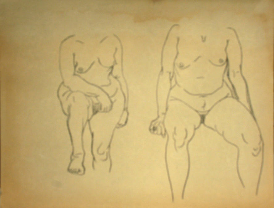 2 nude women sitting down without heads