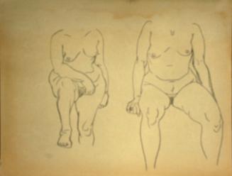 2 nude women sitting down without heads