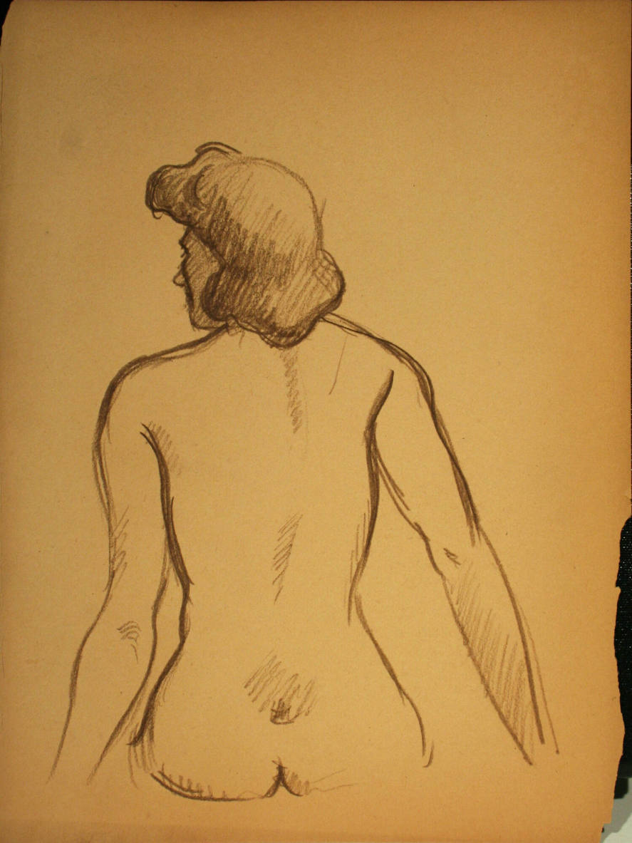 Nude woman sitting down, from the rear