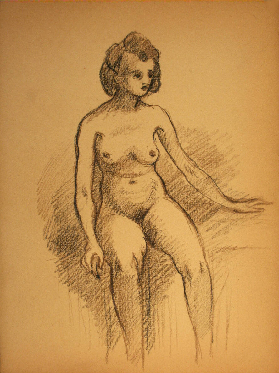 Nude woman sitting down