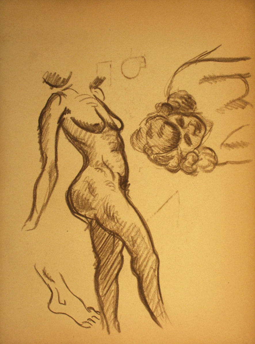 Nude woman standing, a foot, nude woman lying down