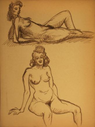 2 nude women lying down, 1 nude woman sitting down