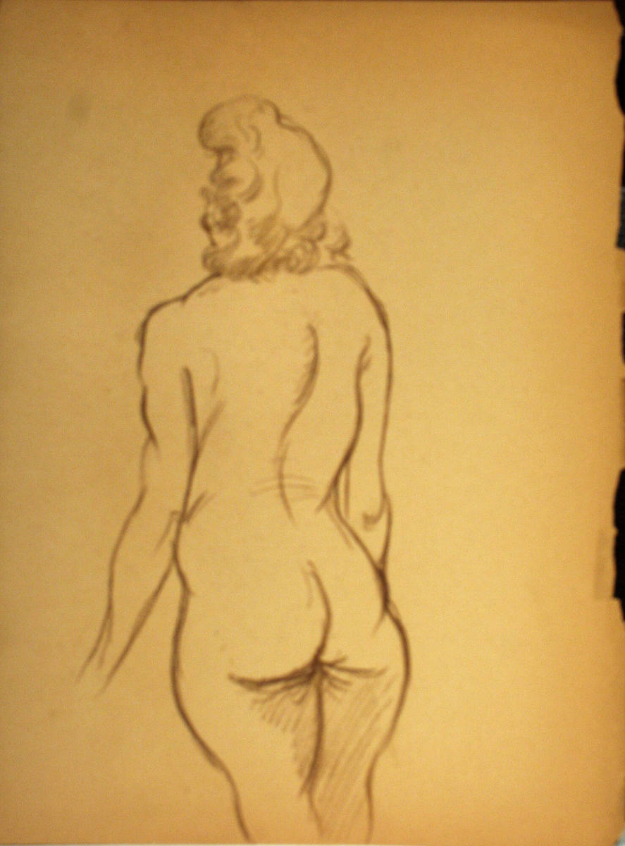 Nude woman standing, from the rear