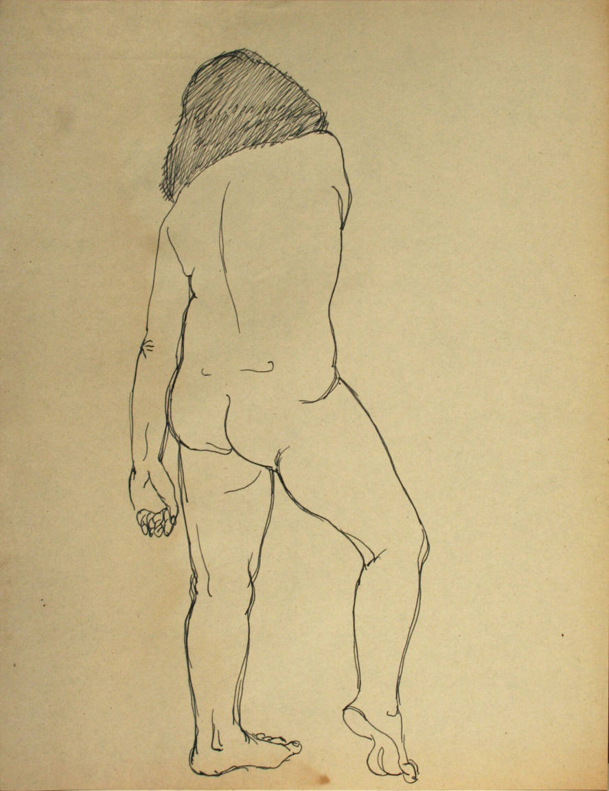 Nude woman standing, from the rear