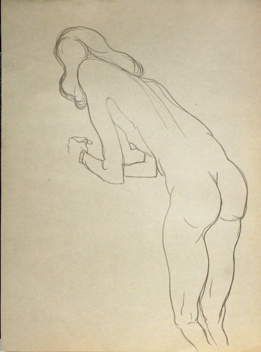 Nude woman standing, from the rear