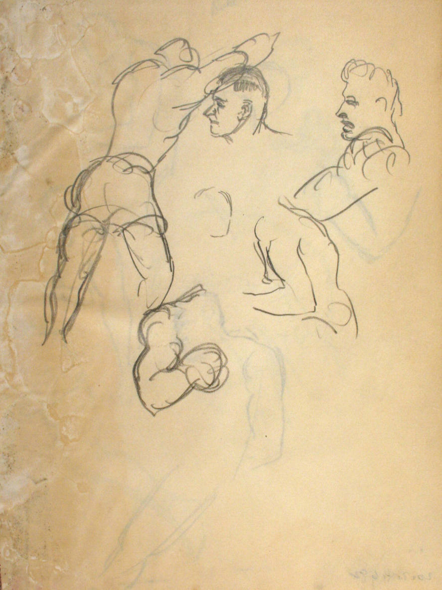 Man in shorts, heads, arm, upper torso