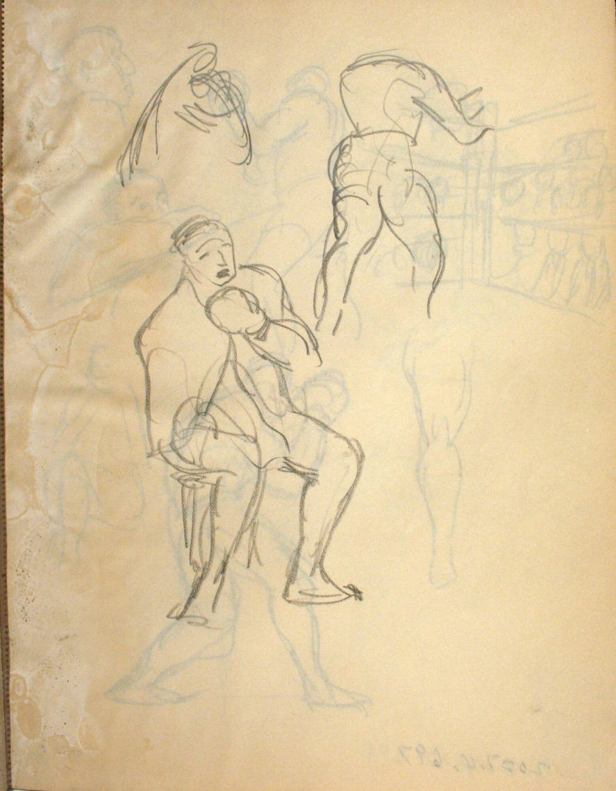 Boxer seated, fighting