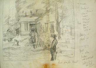 House with 2 women in front, man in hat