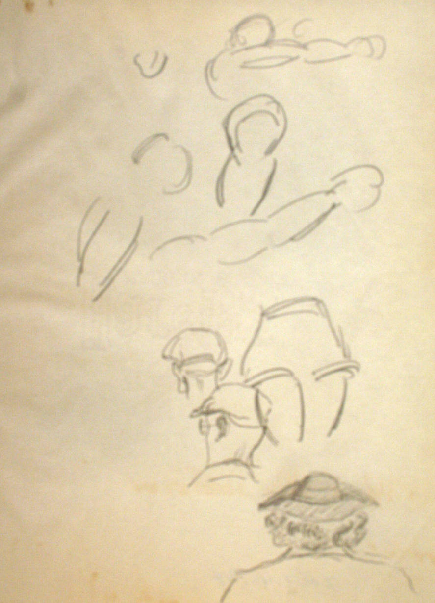 Parts of boxers, 2 men's heads (rear) and 1 woman's head with hat (rear)