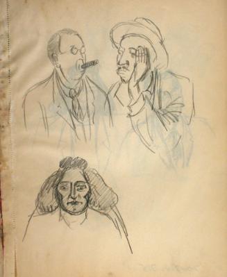 Man with cigar, man in coat, woman's head and shoulders