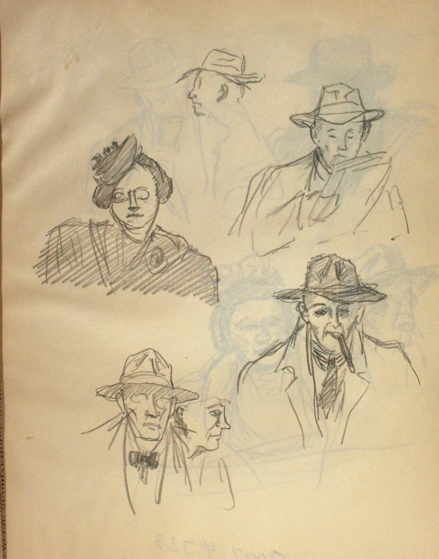 Woman in hat, man in hat with cigar and 3 men in coats from chest up