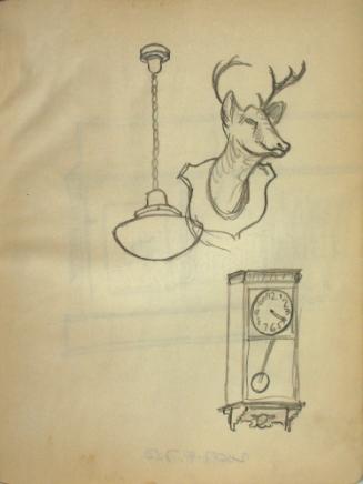 Hanging light, deer head, clock