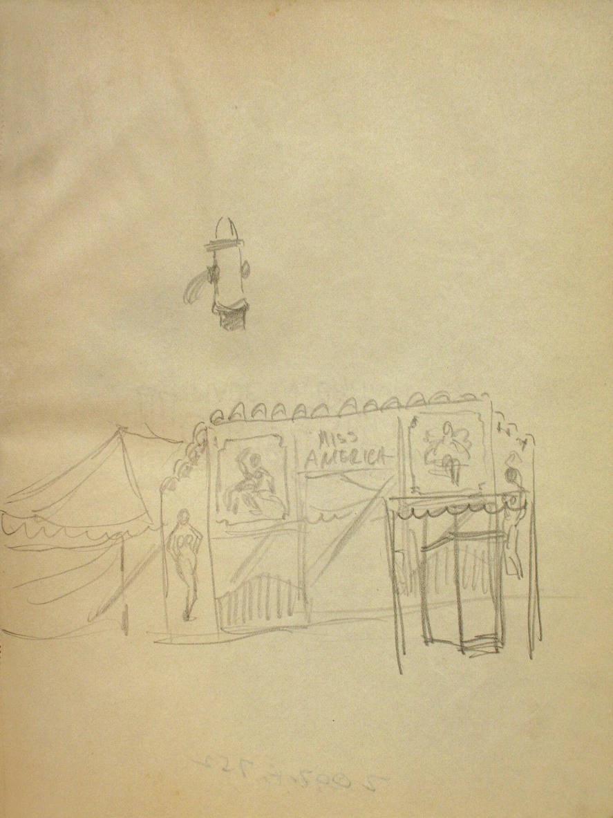 Sketch of a carnival tent, girl in bathing suit, "Miss America" and fire hydrant