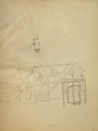 Sketch of a carnival tent, girl in bathing suit, "Miss America" and fire hydrant