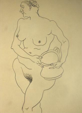 Nude woman standing with pot