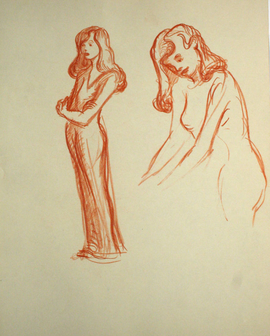 1 woman in dress, 1 nude woman standing