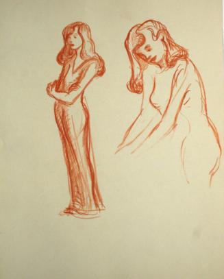 1 woman in dress, 1 nude woman standing