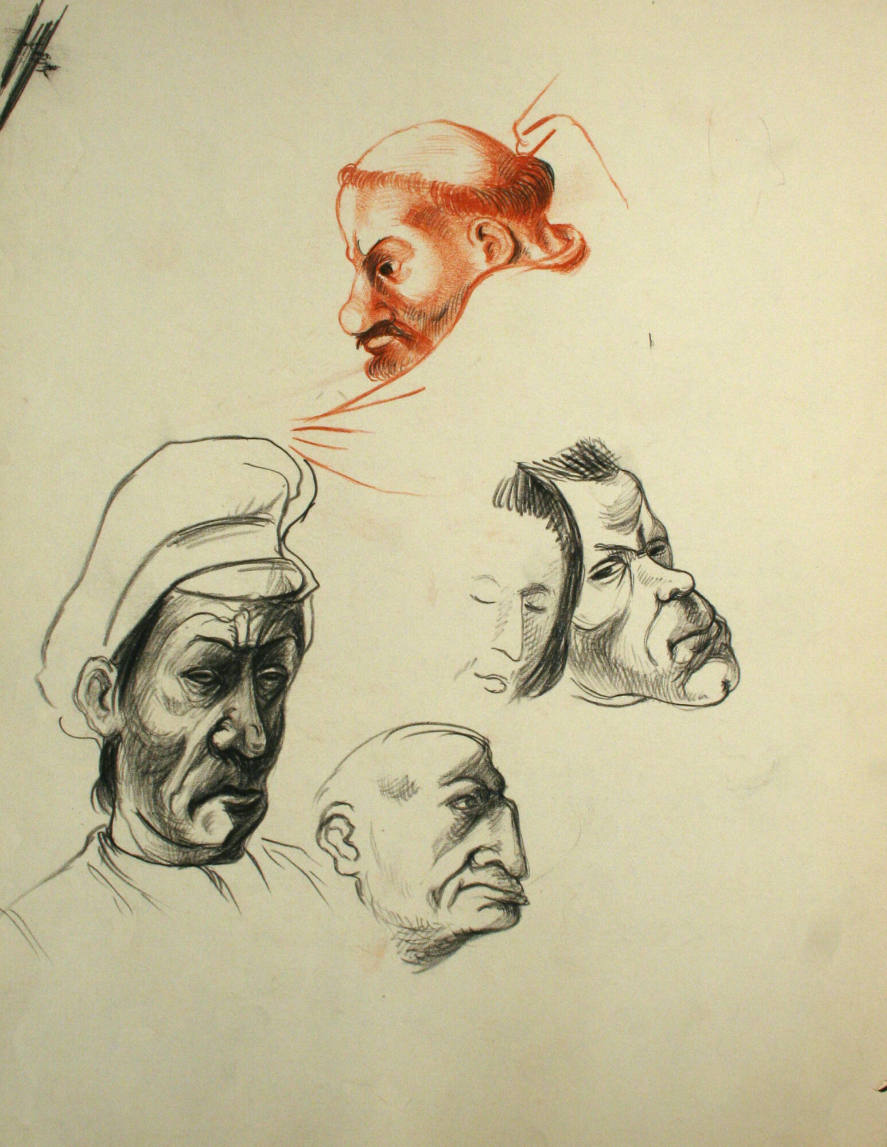 5 men's heads, 1 a monk