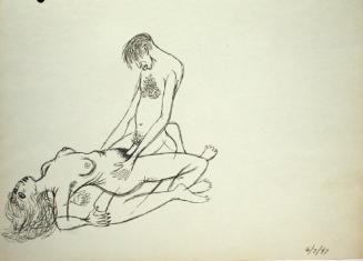 Graphic depictions of sexual contact, featuring a nude man kneeling and nude woman lying down