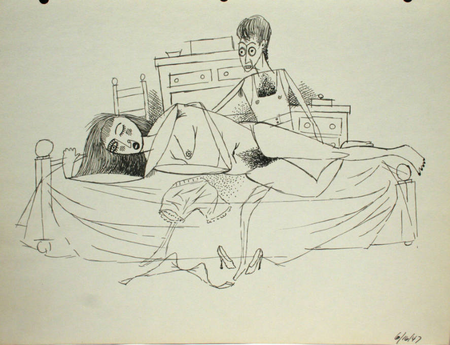 Graphic depictions of sexual contact, featuring a clothed man and nude woman lying down