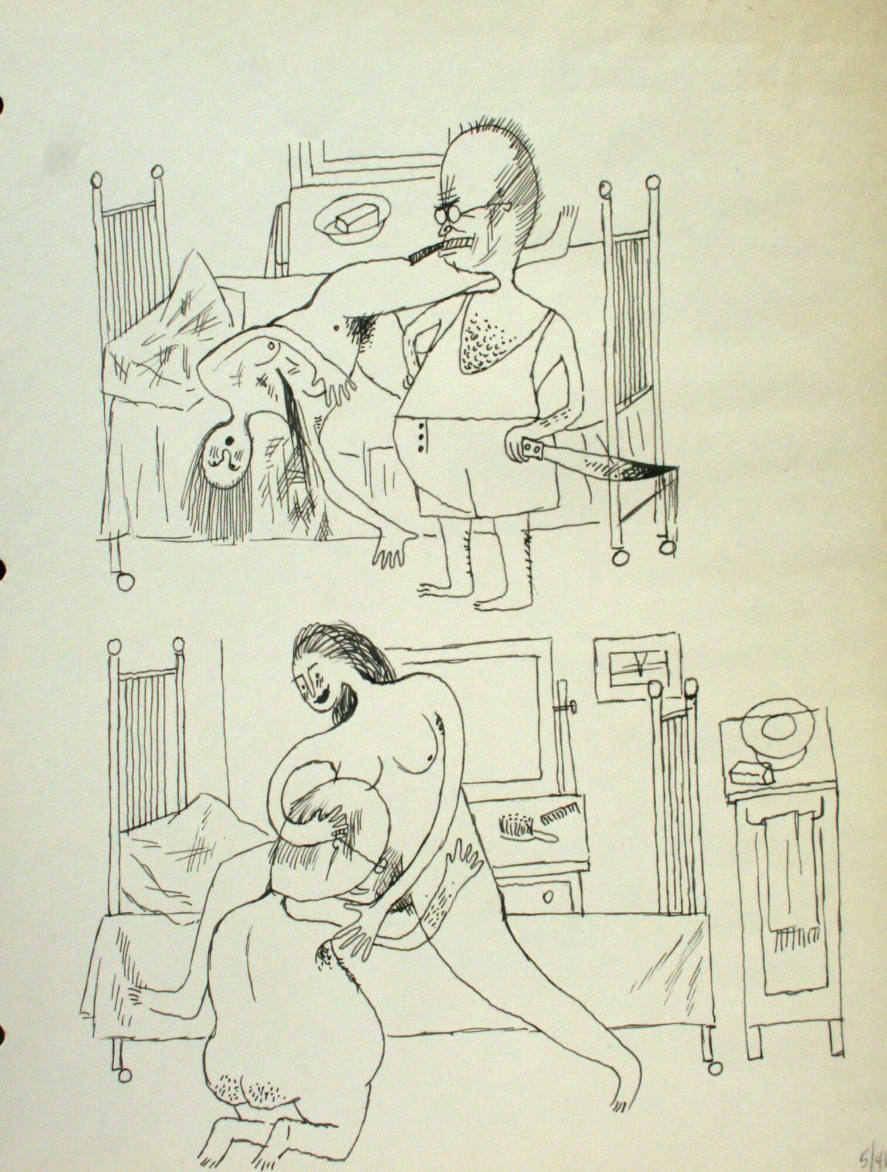 Graphic depictions of sexual contact, featuring a man stabbing a nude woman and a nude woman kneeling before a seated man