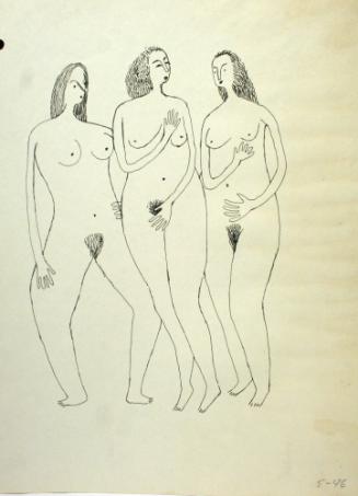 Graphic depictions of sexual contact, featuring three nude women standing