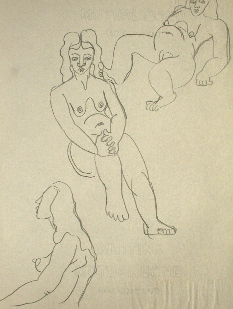 Three nude women, two sitting down and one drawn from the waist up