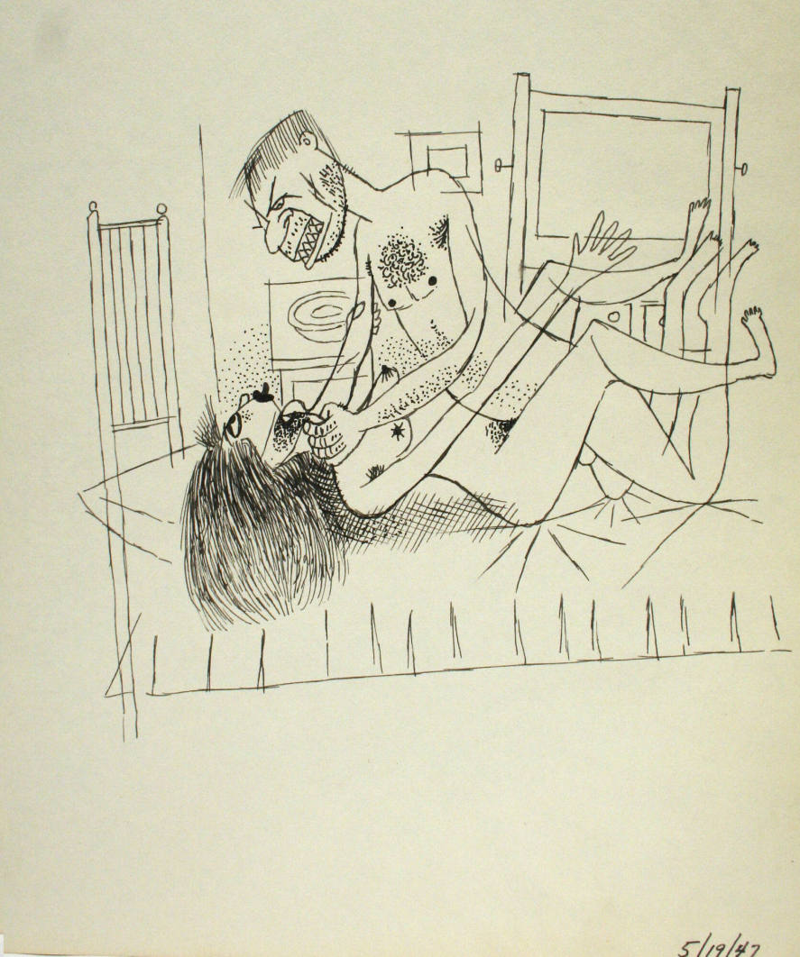 Graphic depictions of sexual contact, featuring a nude man strangling a nude woman