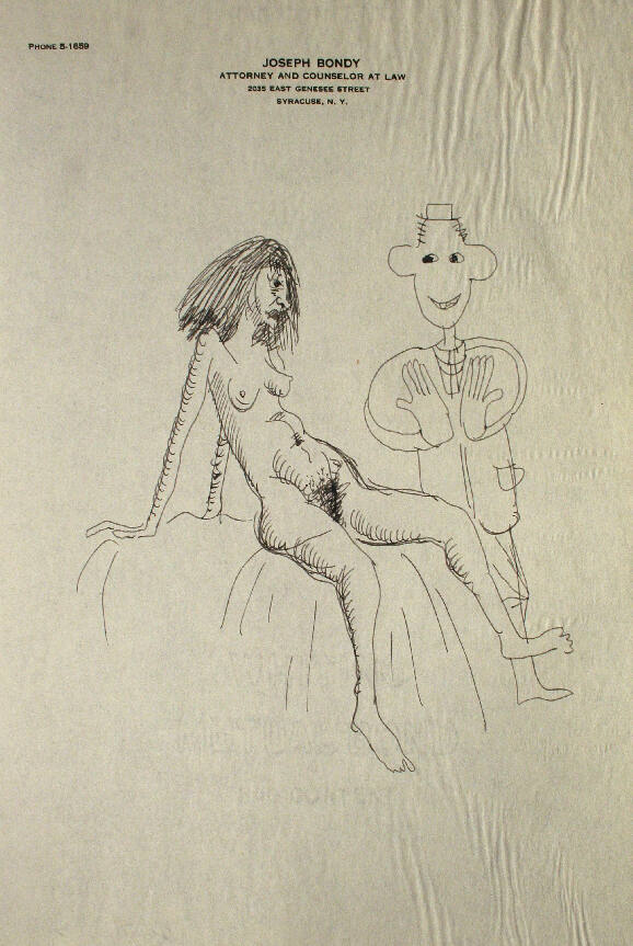 Nude woman sitting down with man clothed