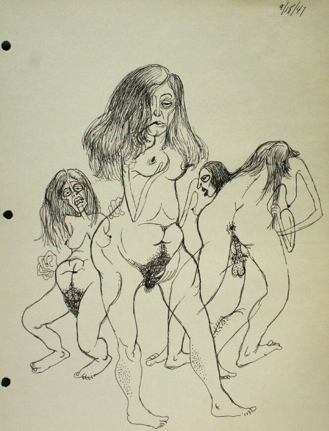 Graphic depictions of sexual contact, featuring three nude women and one nude man