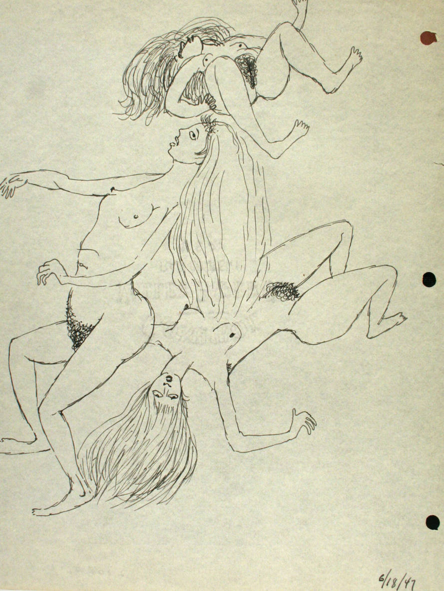 Graphic depictions of sexual contact, featuring three nude women, two of which are lying down