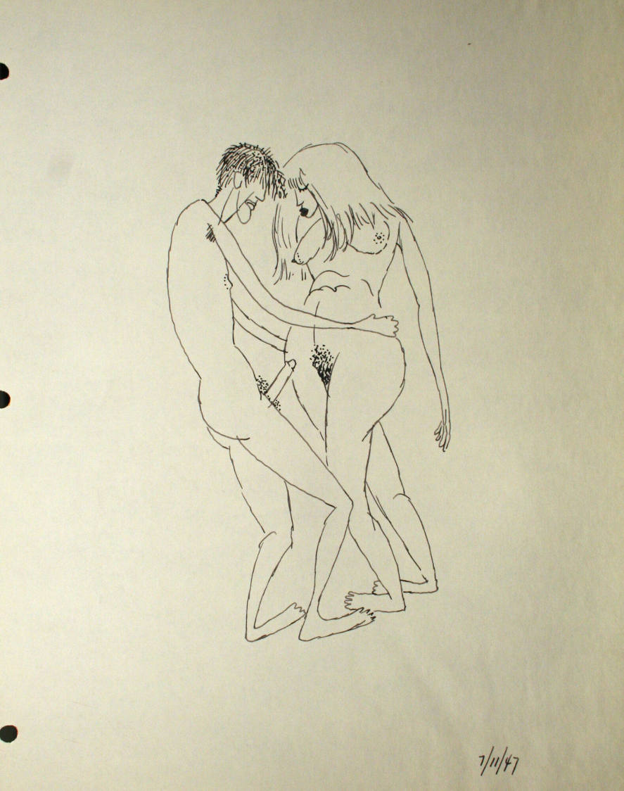 Graphic depictions of sexual contact, featuring a nude man and woman